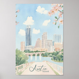 Austin Texas Gouache Verf Illustratie Reizen Poster