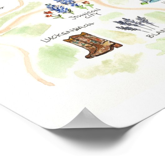 Austin Texas Hill Country Waterverf Map Poster (Hoek)