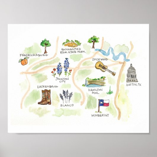 Austin Texas Hill Country Waterverf Map Poster (Voorkant)