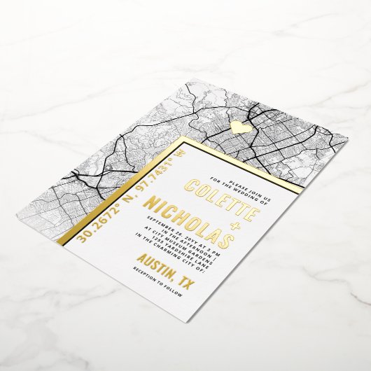 Austin, Texas Love Locator | Stad thema bruiloft Folie Uitnodiging (Gedraaid)