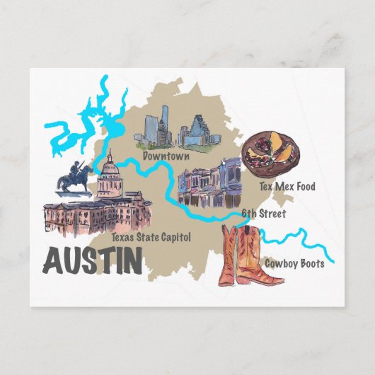 Austin Texas Map Briefkaart (Voorkant)