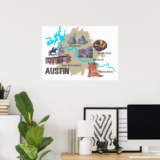Austin Texas Map Poster (Thuiskantoor)