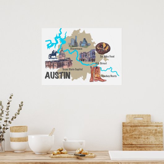 Austin Texas Map Poster (Keuken)