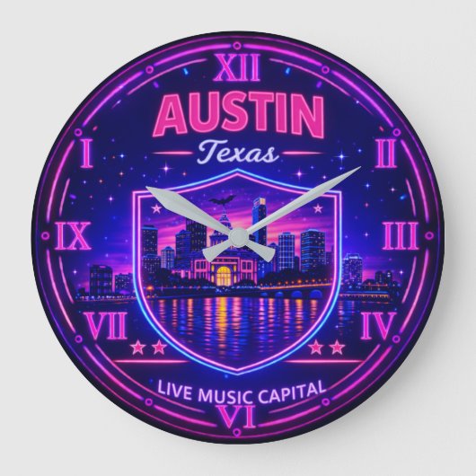 Austin Texas Neon Skyline Grote Klok (Voorkant)