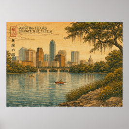Austin Texas Silhouette in Japanse Ukiyo-e Poster