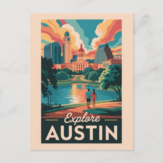 Austin Texas Silhouette Reis Kunst Vintage Briefkaart (Voorkant)