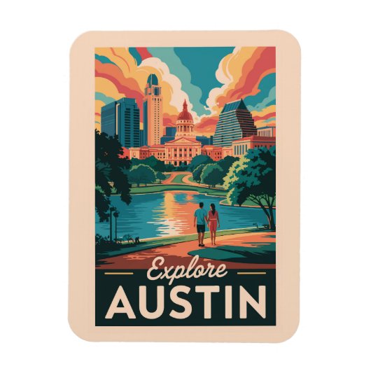 Austin Texas Silhouette Reis Kunst Vintage Magneet (Verticaal)