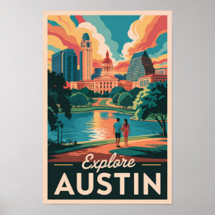 Austin Texas Silhouette Reis Kunst Vintage Poster