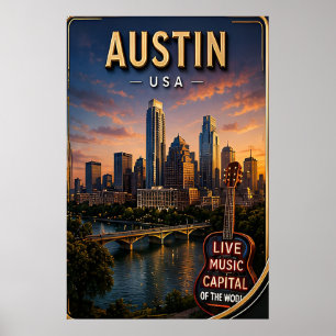 Austin Texas Silhouette Reis Poster