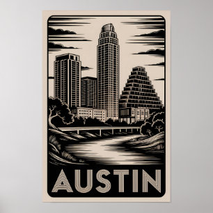 Austin Texas Silhouette Zwart Wit Houtsnede Poster