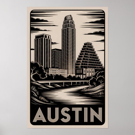 Austin Texas Silhouette Zwart Wit Houtsnede Poster (Voorkant)