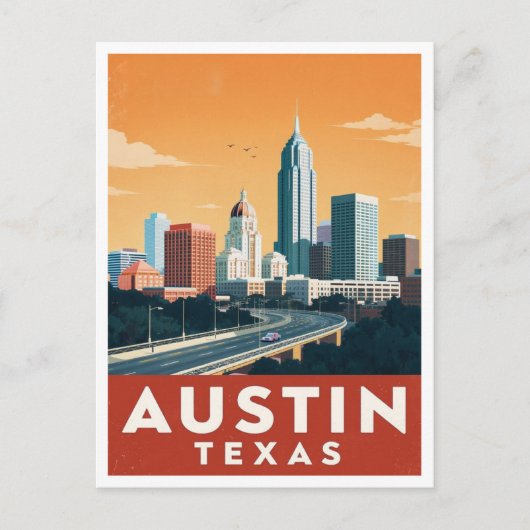Austin Texas Skyline Vintage Travel Art Briefkaart (Voorkant)