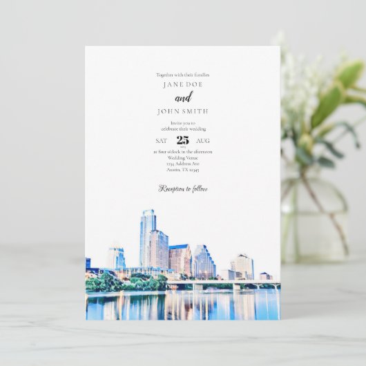 Austin Texas Skyline Wedding Invitation Kaart (Staand voorkant)
