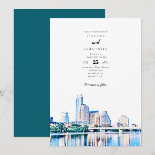 Austin Texas Skyline Wedding Invitation Kaart (Voorkant / Achterkant)