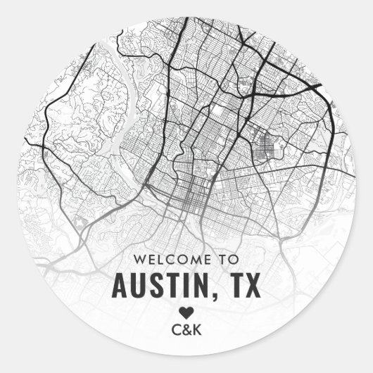 Austin, Texas Stadsplattegrond | Bruiloft Welkom Ronde Sticker (Voorkant)