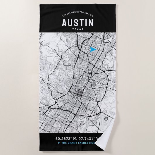 Austin, Texas Stadsplattegrond + Uw Aangepaste Loc Strandlaken (Voorkant)
