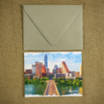 Austin Texas Vintage Travel City Waterverf Briefkaart<br><div class="desc">Uniek en mooi Austin Texas  Cityscape briefkaart toont de skyline van de stad in Texas in een waterverf tekenschema. Geweldig cadeau idee en souvenir voor elke toerist van de Amerikaanse reisbestemming. Maak het je eigen en koop het nu.</div>