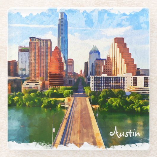Austin Texas Vintage Travel City Waterverf Glazen Onderzetter (Voorkant)