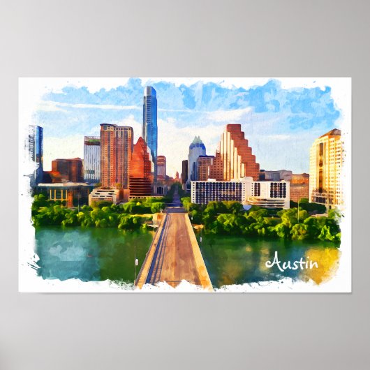 Austin Texas Vintage Travel City Waterverf Poster (Voorkant)