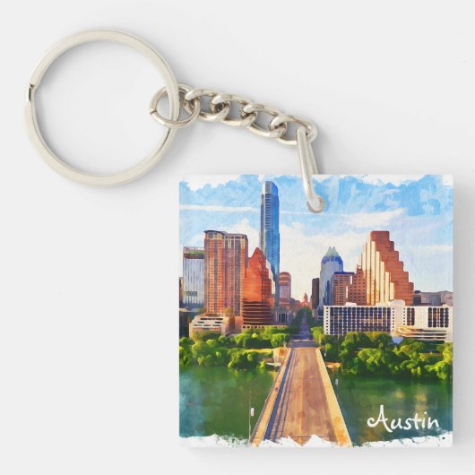 Austin Texas Vintage Travel City Waterverf Sleutelhanger (voorkant)