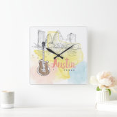 Austin, Texas | Waterverf Schets Vierkante Klok (Huis)