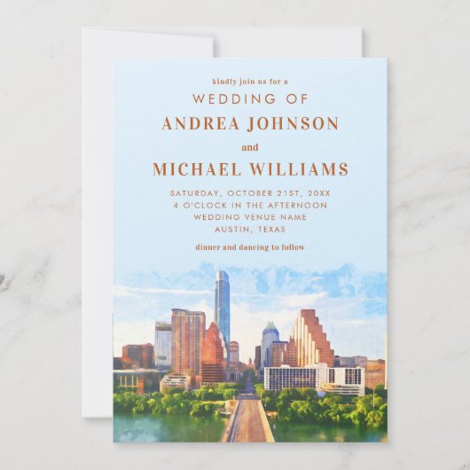 Austin Texas Waterverf Skyline bruiloft Kaart (Voorkant)