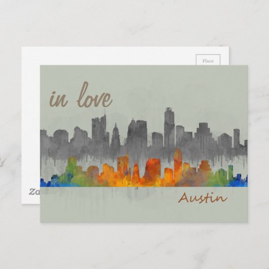 Austin Texas waterverf skyline in liefdesstad Briefkaart (Voorkant / Achterkant)