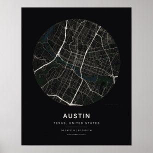 Austin TX Zwarte Stad Kaart Kunstprint Poster