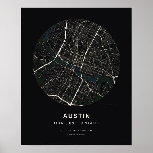 Austin TX Zwarte Stad Kaart Kunstprint Poster (Voorkant)
