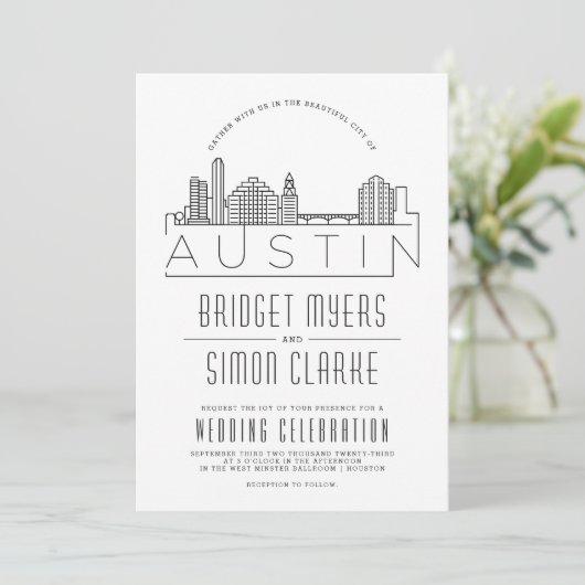 Austin Wedding | Gestileerde Skyline uitnodiging (Staand voorkant)