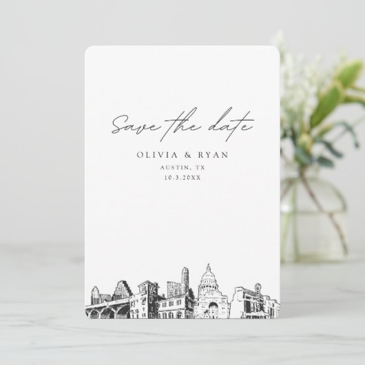 Austin Wedding Save the Date Downtown Bruiloft Kaart (Staand voorkant)