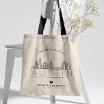 Austin Wedding | Stijlvolle Skyline Tote Bag<br><div class="desc">Een unieke bruiloft canvas tas voor een bruiloft die plaatsvindt in de stad Austin. Dit tas toont de skyline van de stad met daaronder de naam. Dit wordt gevolgd door uw trouwdag informatie in een bijpassende open gevoerde stijl.</div>