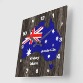 Australia Clock, G'day Mate, wood, Australian Flag Vierkante Klok (Hoek)