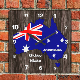 Australia Clock, G'day Mate, wood, Australian Flag Vierkante Klok