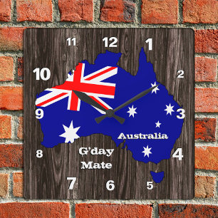 Australia Clock, G'day Mate, wood, Australian Flag Vierkante Klok
