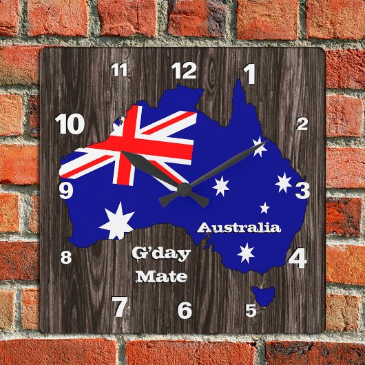 Australia Clock, G'day Mate, wood, Australian Flag Vierkante Klok