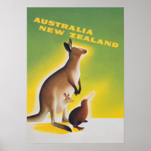 Australia Kangaroo Retro Vintage Travel Poster
