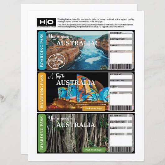 Australia Mock Ticket voor reizen en evenementen (Voorkant / Achterkant)