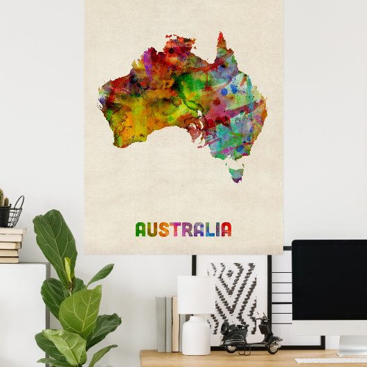 Australia Watercolor Map Poster (Thuiskantoor)