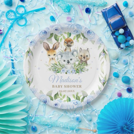 Australian Animals Blue Floral Boy Baby shower Papieren Bordje (Feest)