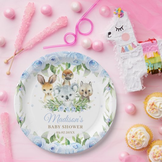 Australian Animals Blue Floral Boy Baby shower Papieren Bordje (Feest)