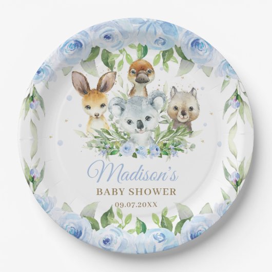 Australian Animals Blue Floral Boy Baby shower Papieren Bordje (Voorkant)