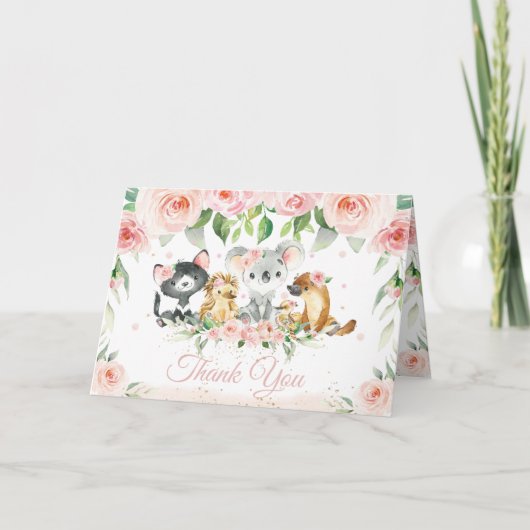 Australian Animals Blush Pink Floral Baby shower Bedankkaart (Voorkant)