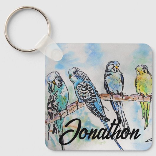 Australian Birds Budgie Waterverf Art Key Ring Sleutelhanger (Voorkant)