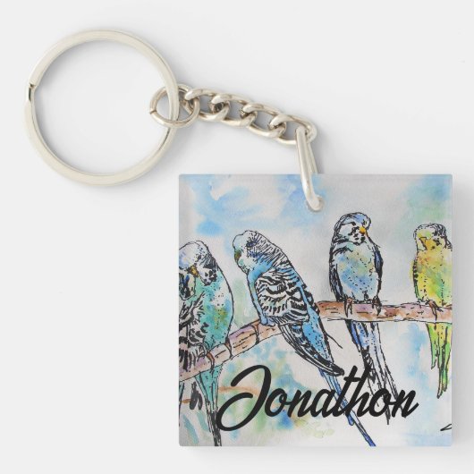 Australian Birds Budgie Waterverf Art Key Ring Sleutelhanger (voorkant)