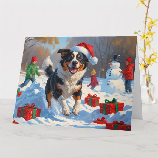 Australian Cattle Christmas Feestelijke Sneeuwscèn Kaart (Gele Bloem)