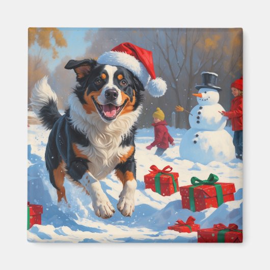 Australian Cattle Christmas Feestelijke Sneeuwscèn Magneet (Voorkant)