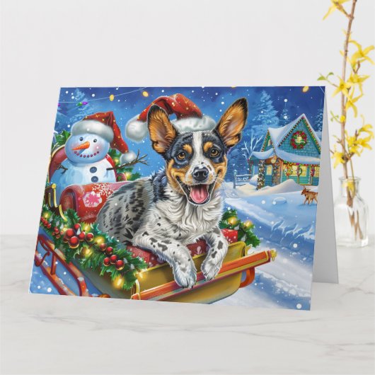 Australian Cattle Dog in Sleigh Sneeuw Kerstmis Kaart (Gele Bloem)