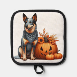 Australian Cattle Dog naast een Jack-O-Lantern Pannenlap