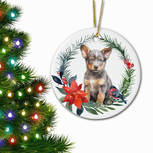 Australian Cattle Dog Puppy Waterverf Poinsettia Keramisch Ornament